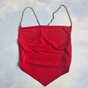 Red Crop Top with Rhinestone Chain Straps Backless Crop Top V-cut Top Club Top